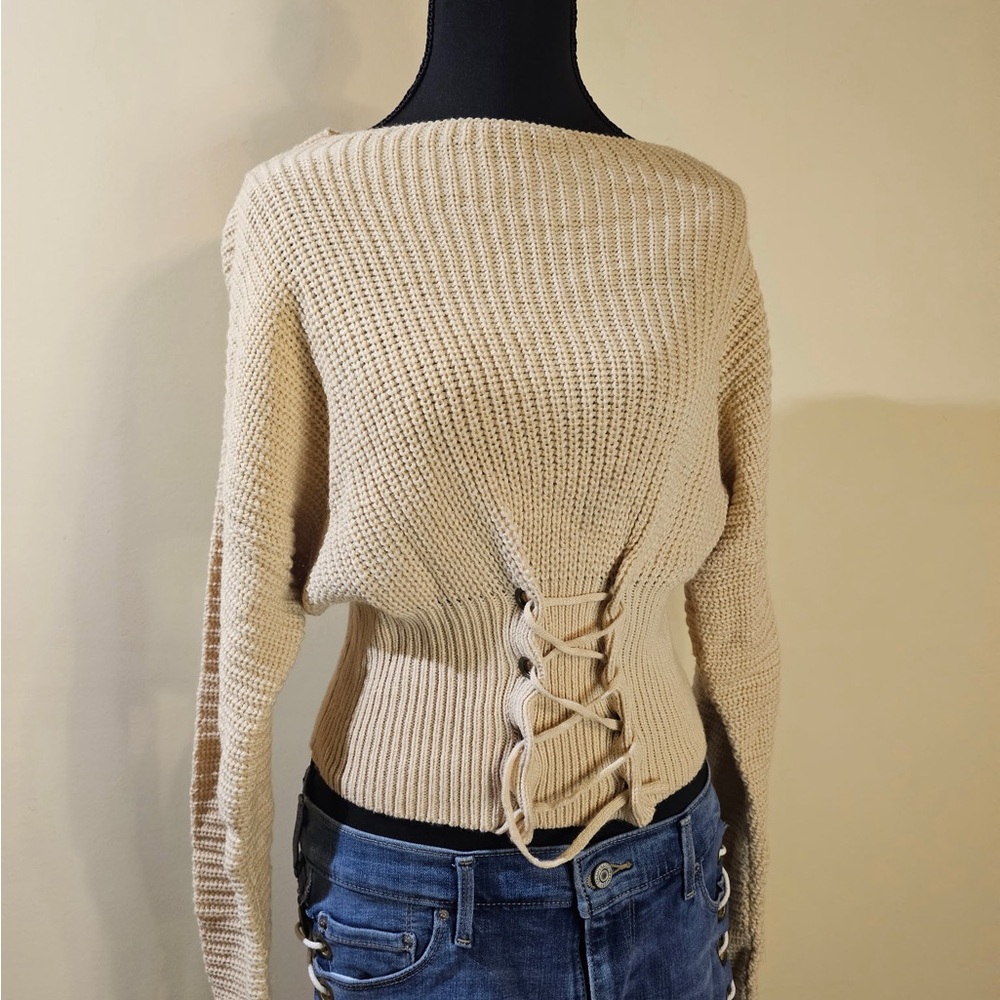 Say What? Cream Off-the-Shoulder Lace-Up Sweater